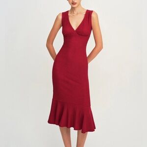 Rihoas Red V Neck A-Line Midi Dress